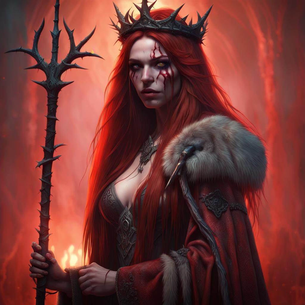 Red-Haired Sorceress with Staff in Dark Fantasy Style