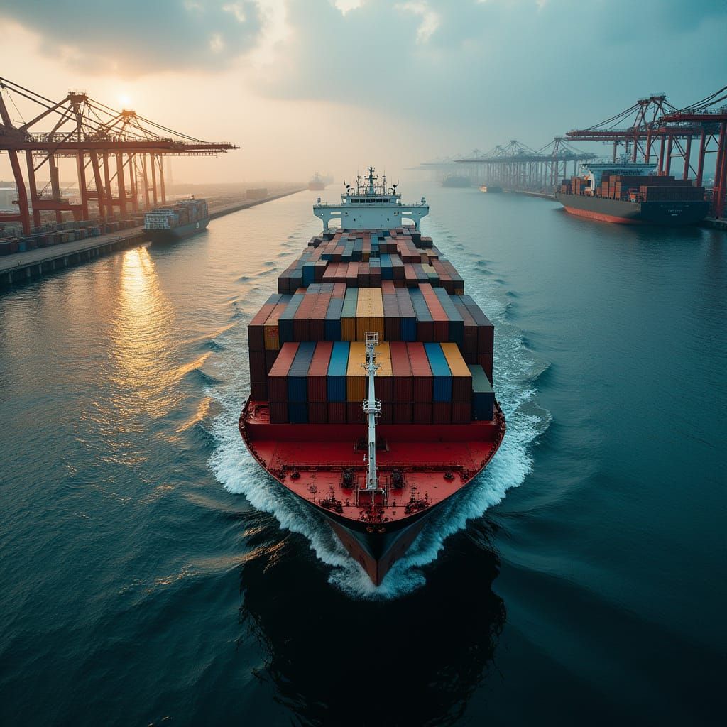 Cargo Ship in Port: Cinematic Film Aesthetic