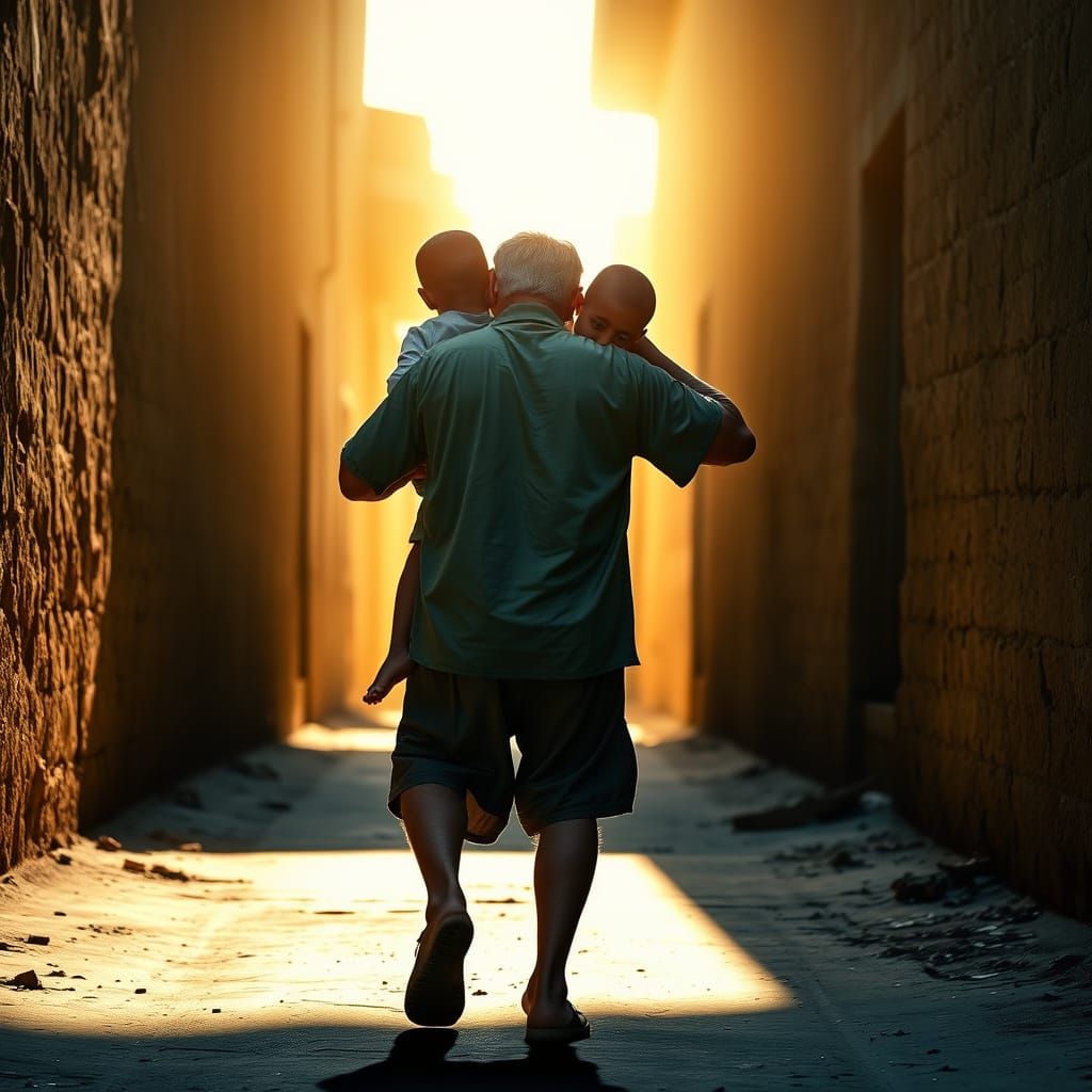 Father Carries Children into Sunlight, Vivid Colors