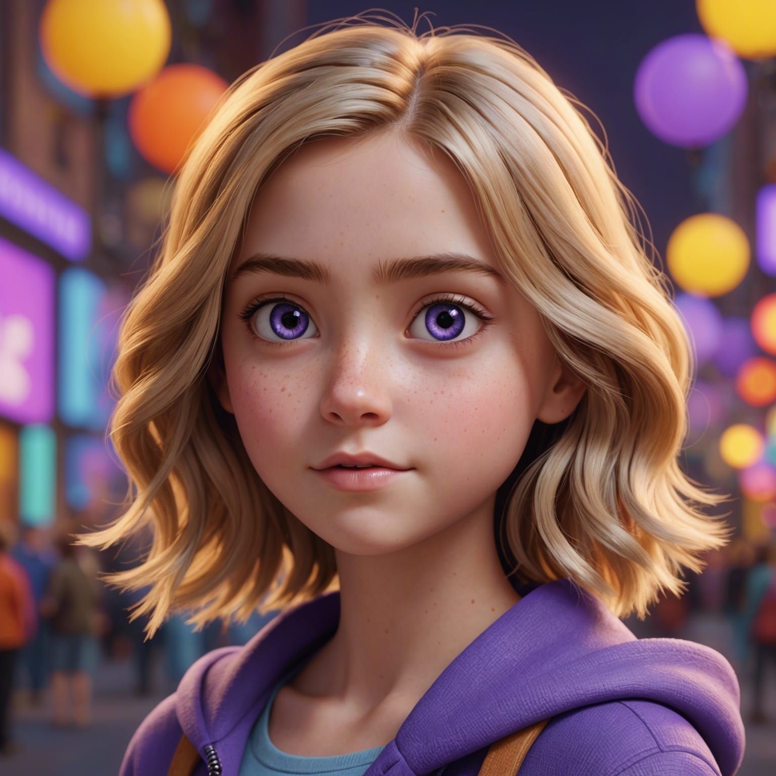 Pretty Girl with Purple Eyes: Pixar-Style 3D Art