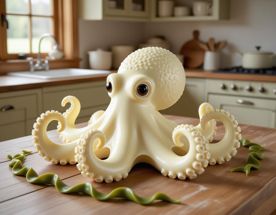 White Chocolate Octopus Sculpture in Rustic Kitchen