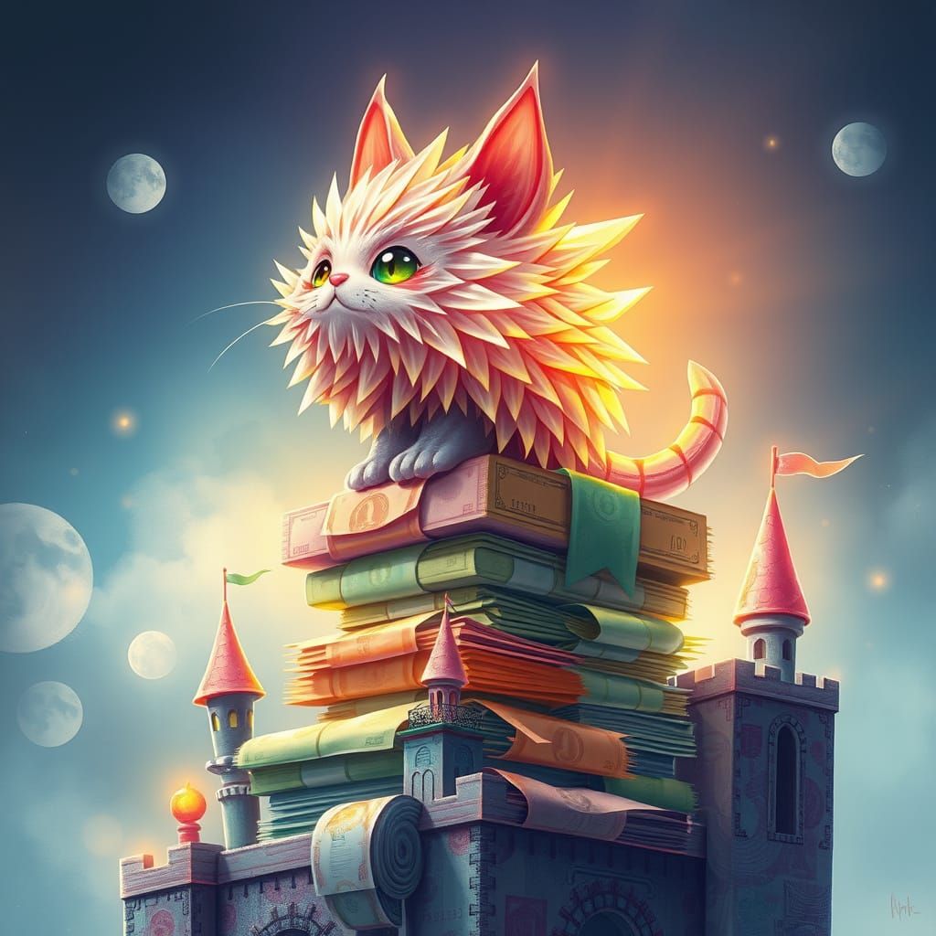 Fantasy Cat Creature of Paper Money on Banknote Castle