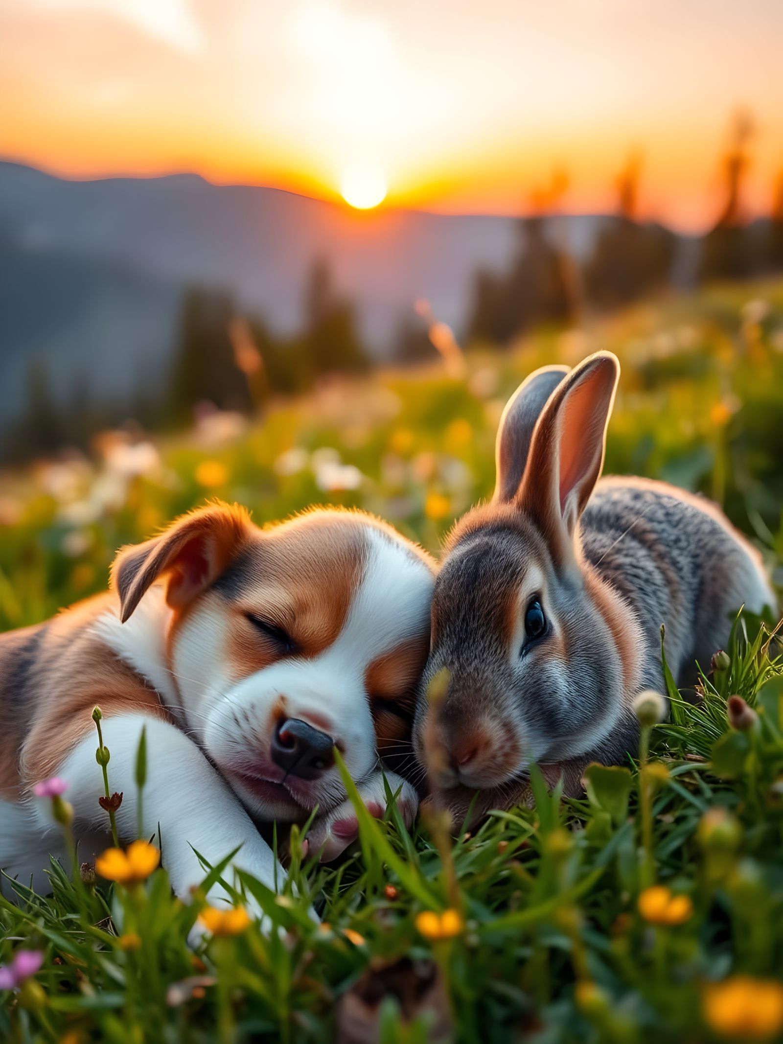 Sleeping Friends in a Sunset Meadow