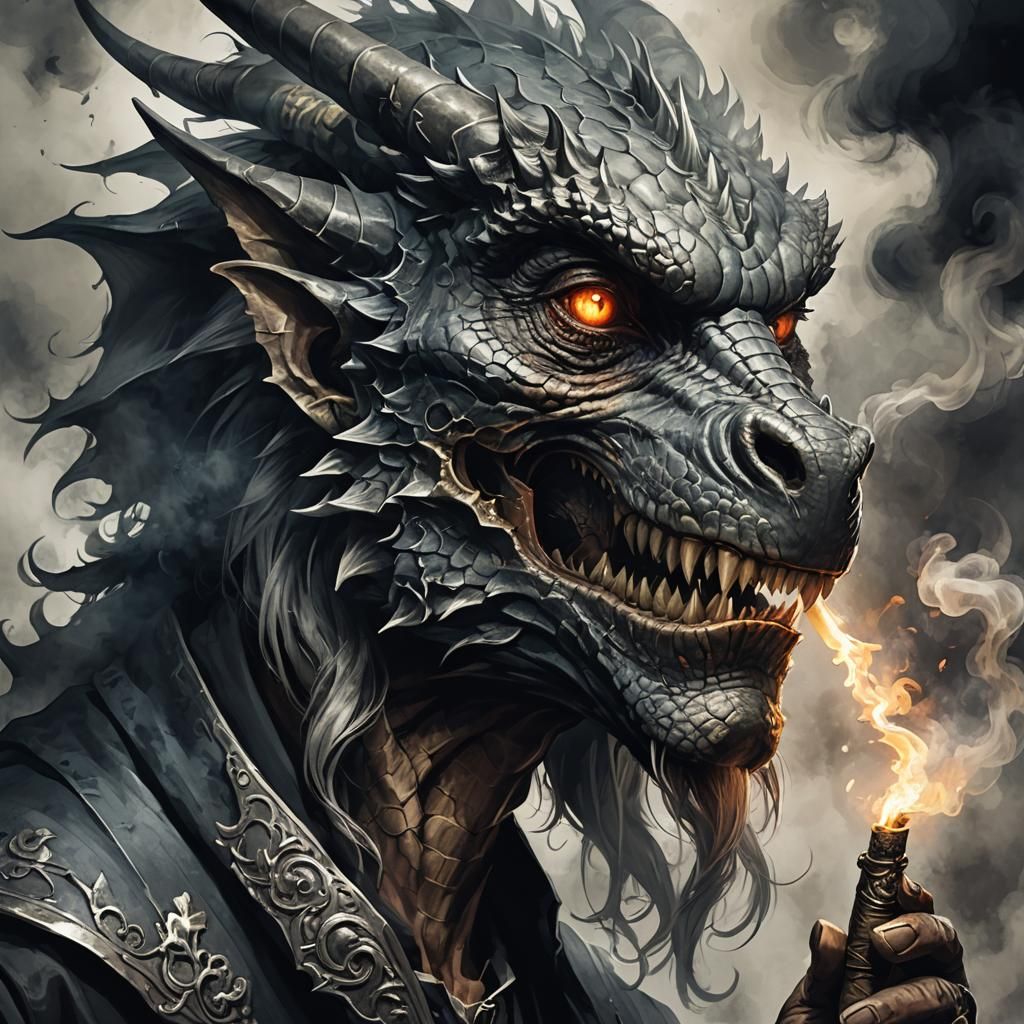 Old Wizard Smoking Dragon in Gothic Illustration Style
