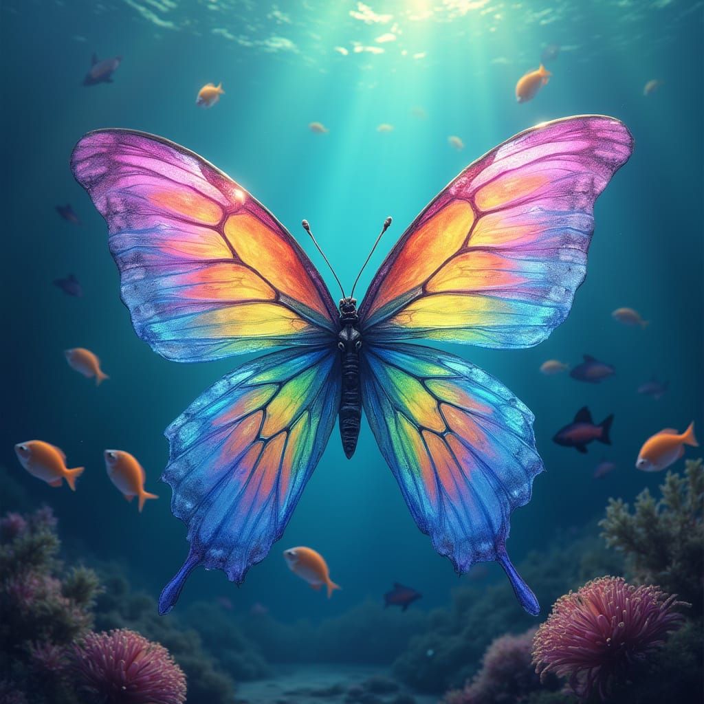 Fairy Wing in Rainbow Ocean, Dreamlike Illustration