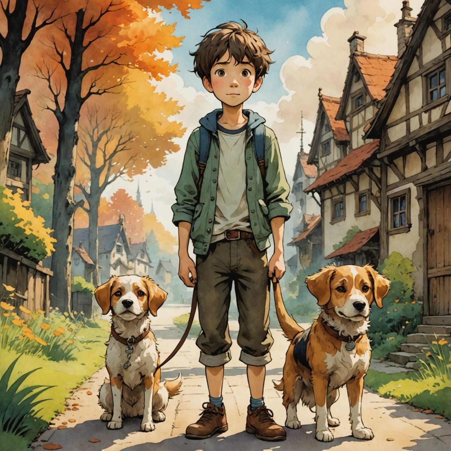 Whimsical Anime Boy and Dog in Warm Fantasy Tones