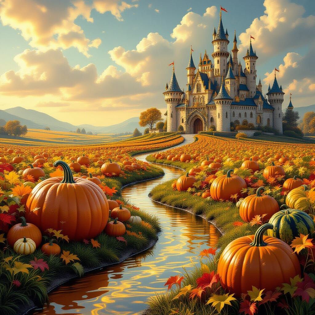 Surreal Golden Rivers Flow Through Glowing Pumpkin Fields