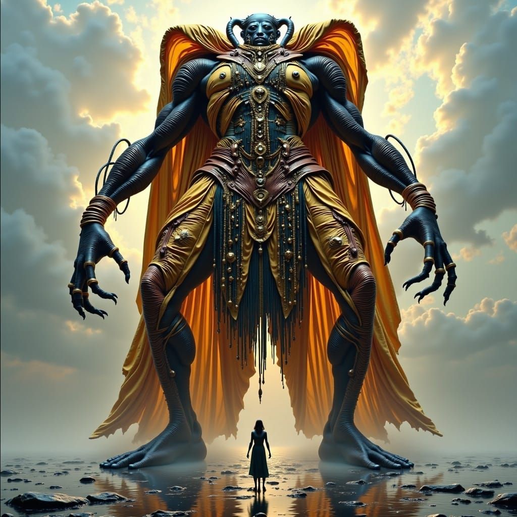 Non-Binary Hybrid Majestically Dressed in Futuristic Garb