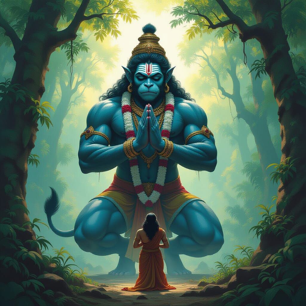 Hanuman's Divine Revelation: A Dramatic Forest Scene