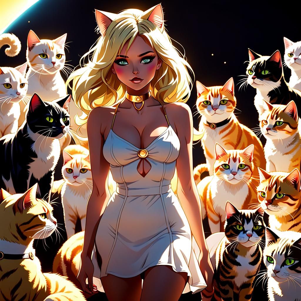 Catgirl Surrounded by Cats in Comic Book Style