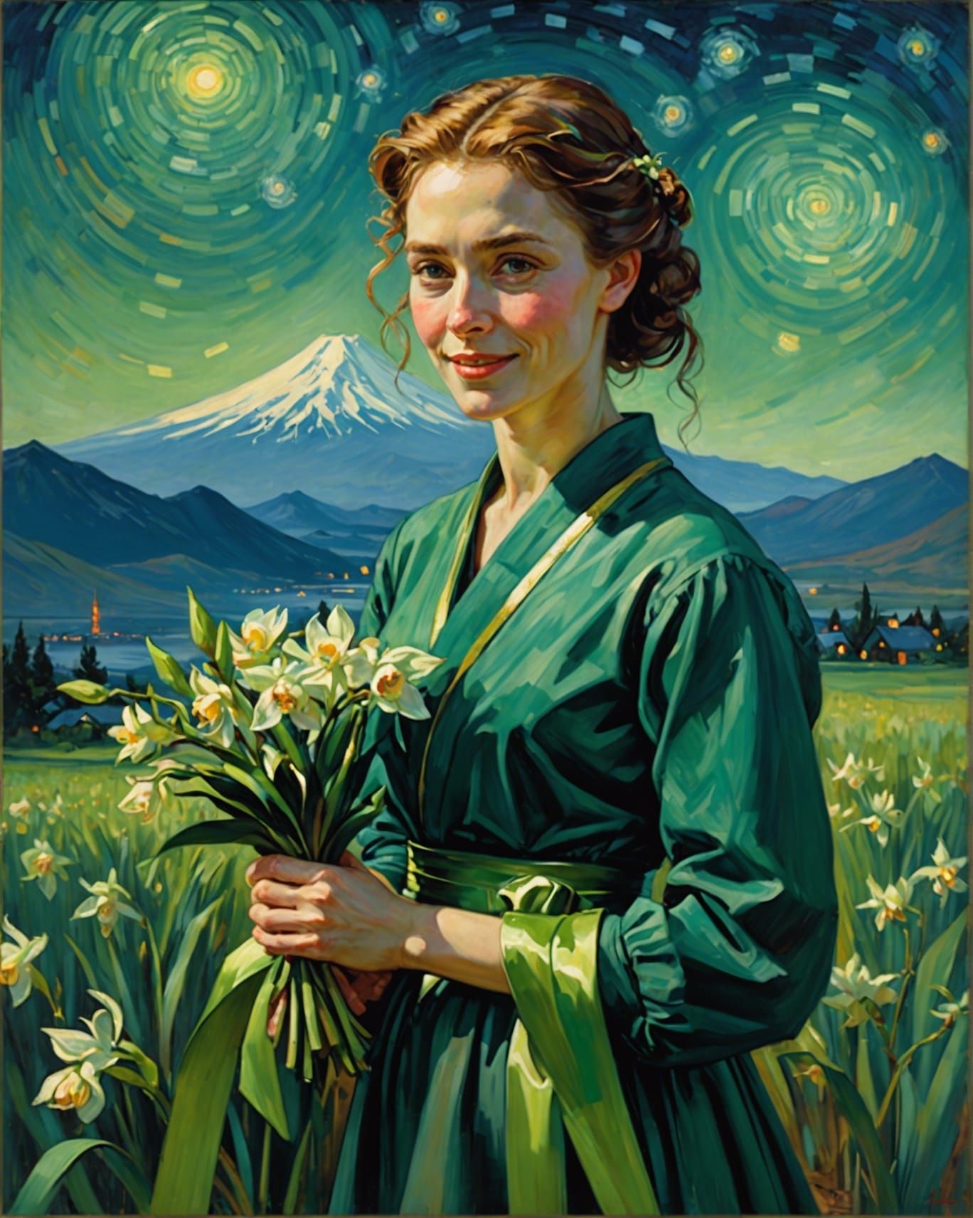 Green Orchid Portrait in Romanticism Style
