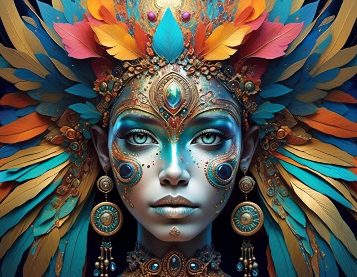 Iridescent Metallic Face with Colorful Ornamentation