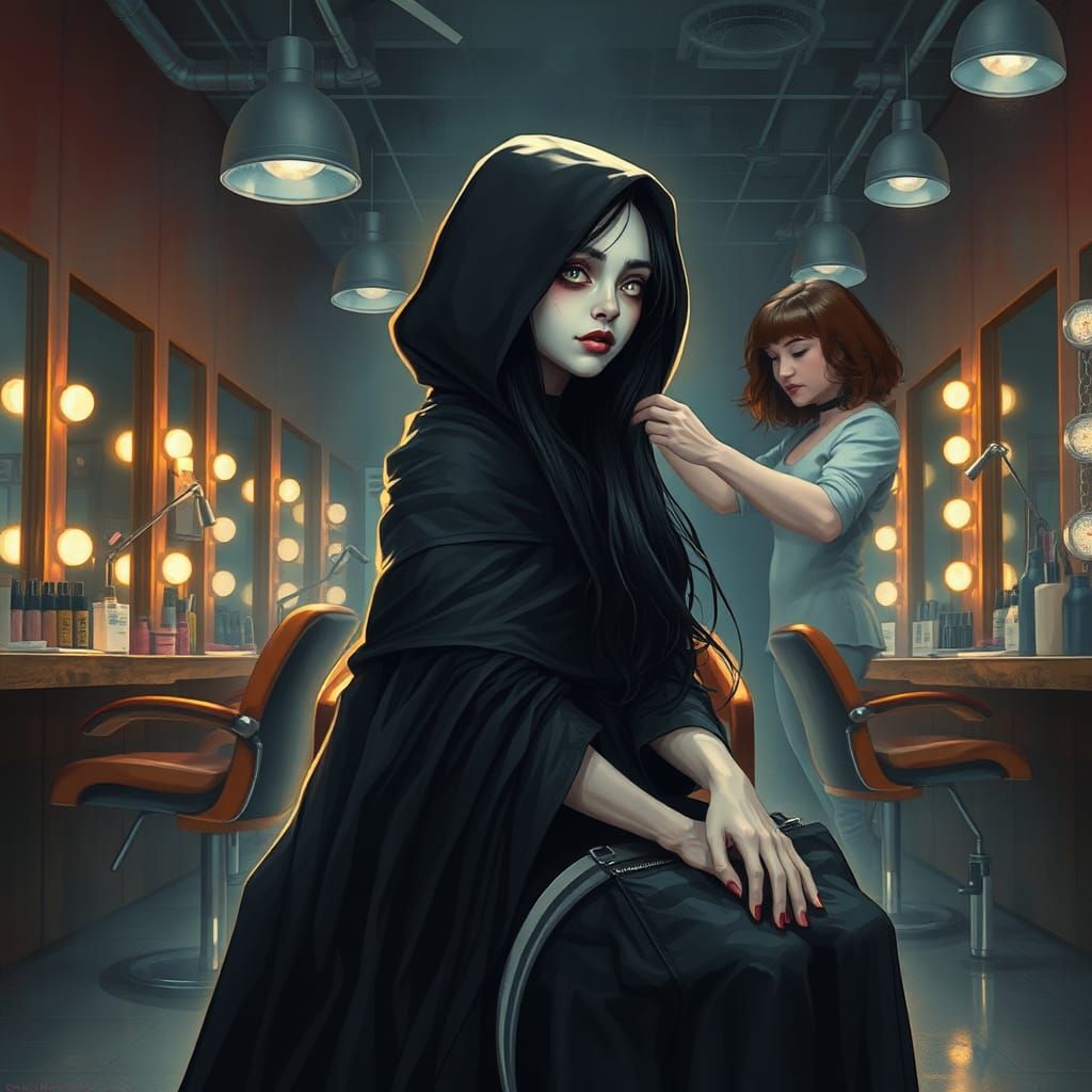 A female grim reaper visiting the beauty salon