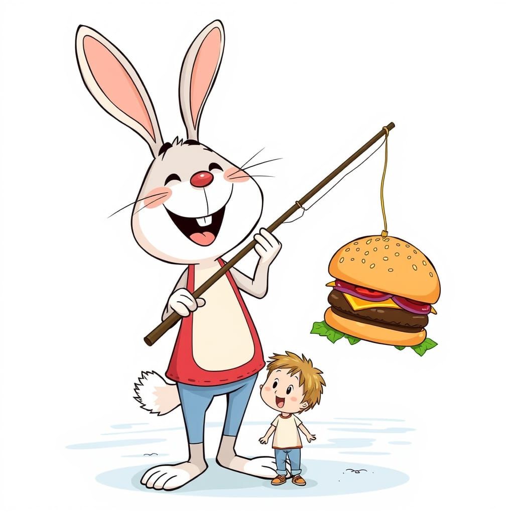 Cartoon Rabbit Dangles Burger Over Child