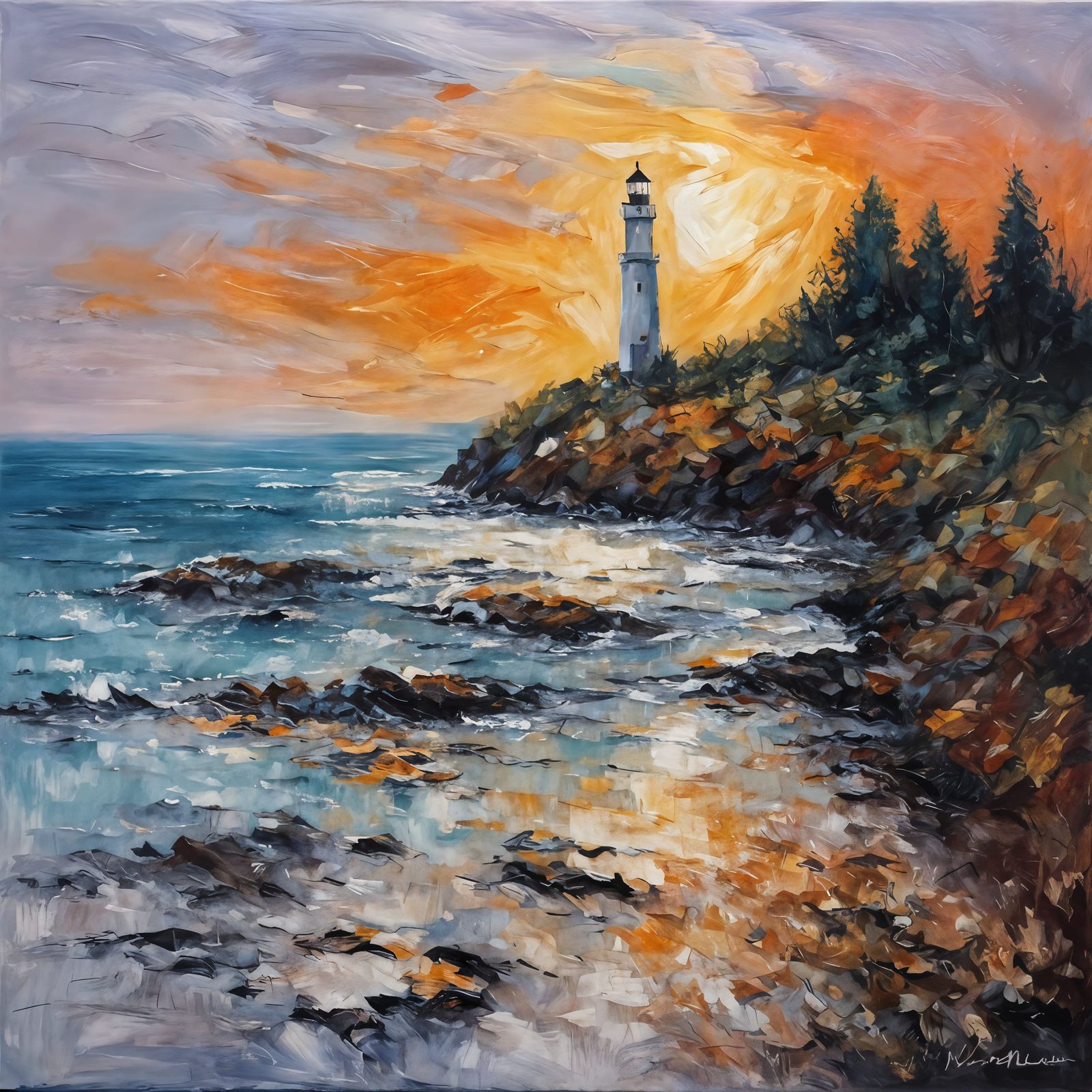 Twilight Coast of Normandy in Impasto Style