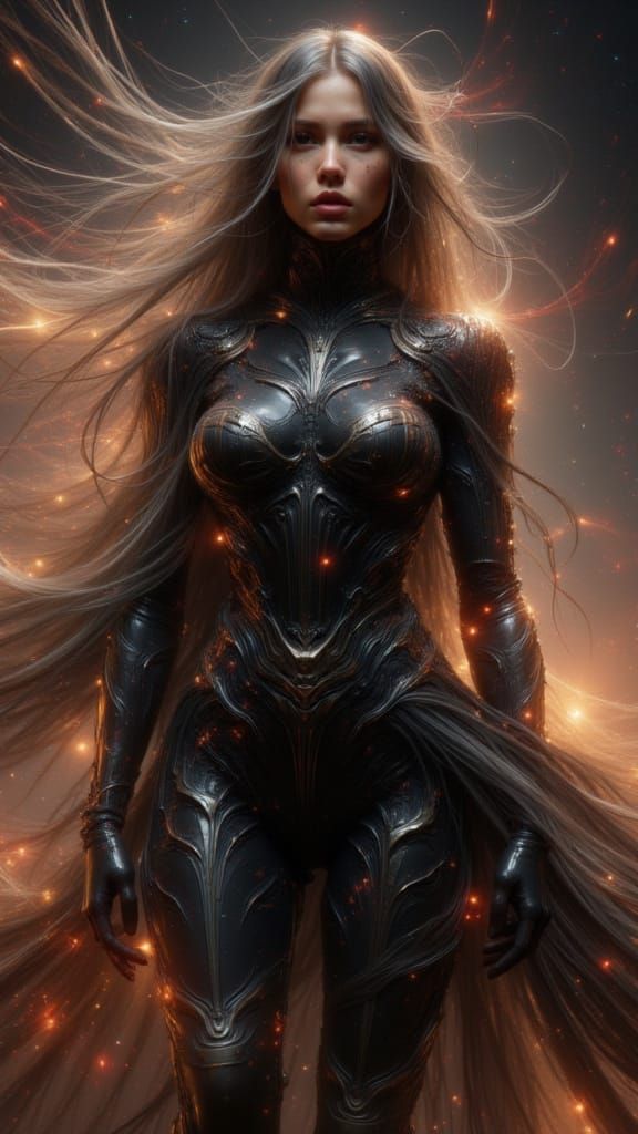 Portrait of a woman in metallic black suit