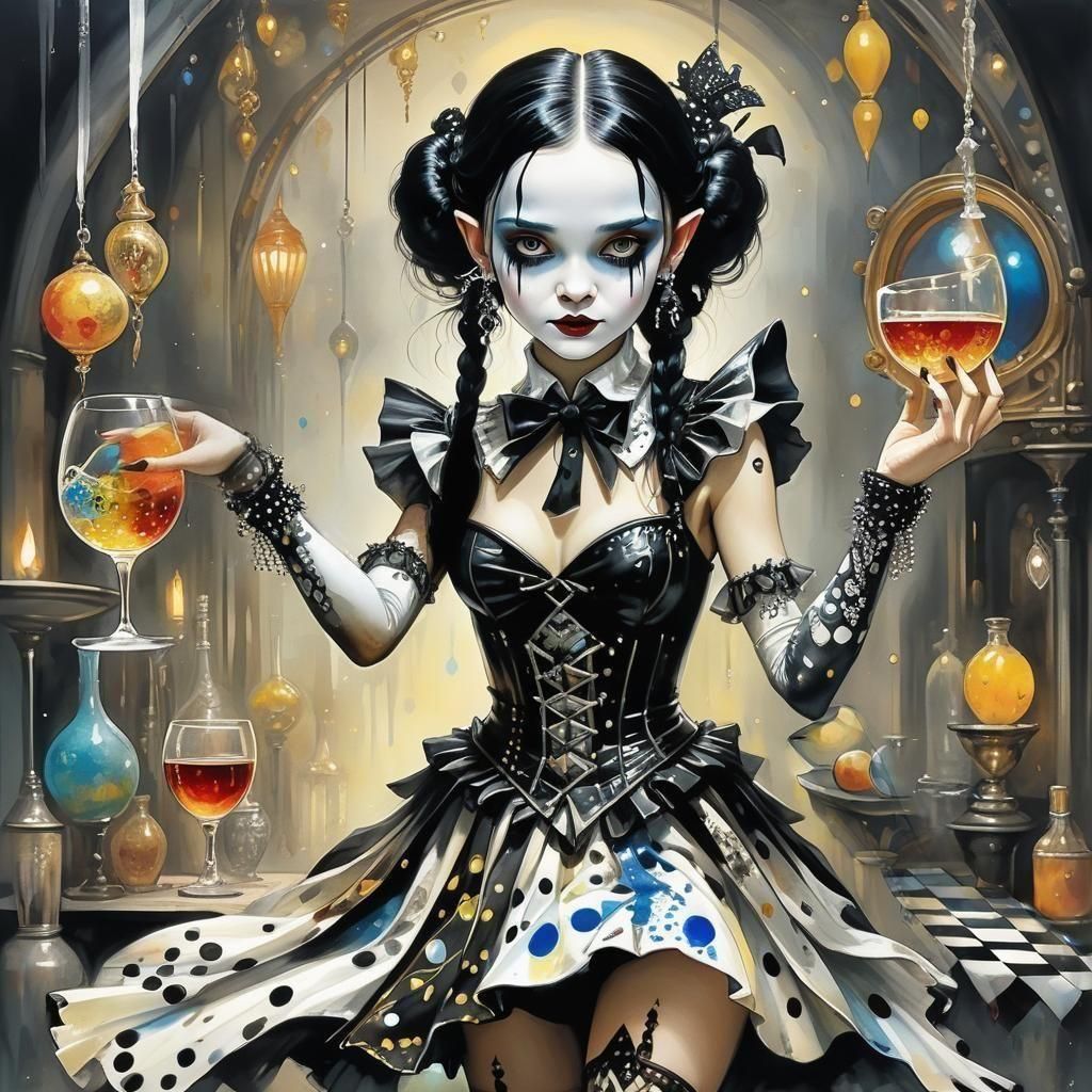 💃🧘🐈‍⬛Harlequin Elf Wednesday Addams Waltzing Alone, Alcohol Ink, Hyperdetailed, Yayoi Kusama, Luis Royo, Mucha."