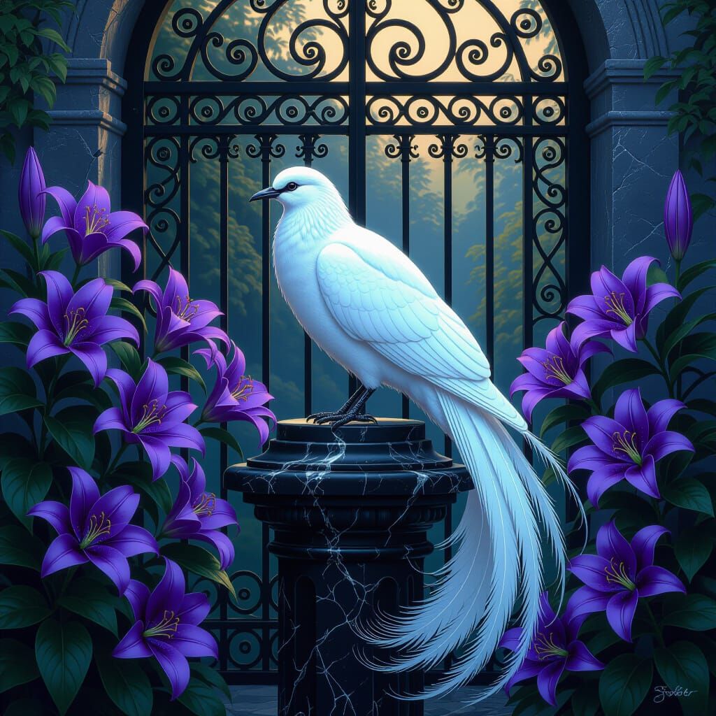 a snow-white bird with a long, elegant tail, poised gracefully atop a black marble pedestal. The bird's plumage glistens...