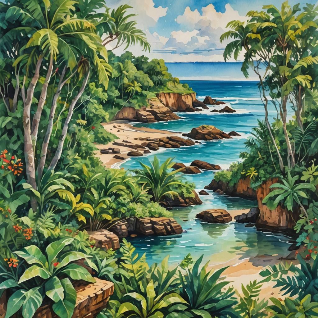 Itapuã, Brazil: Gouache Painting of Sea and Greenery