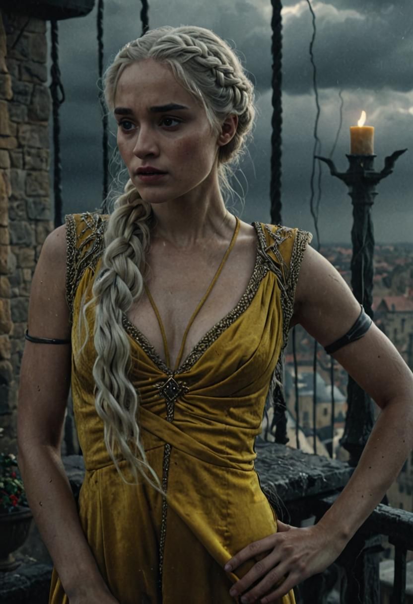 Medieval Balcony Scene with Braided Woman in Cinematic Style