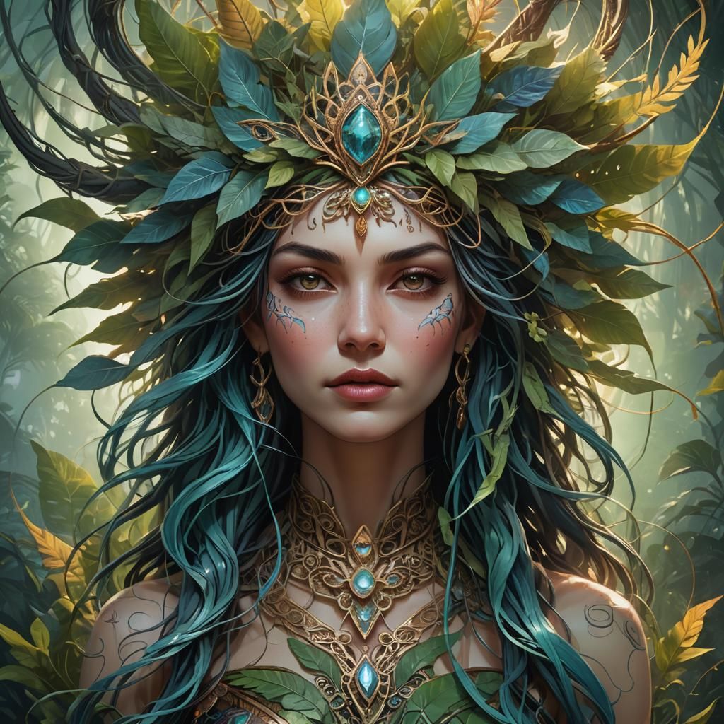 Mystifying Woman with Headdress in Ethereal Fantasy Art