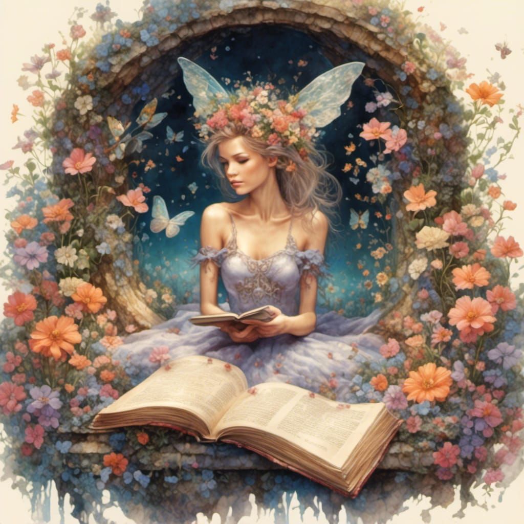 Hyperreal Fairy Immersed in Reading Among Flowers