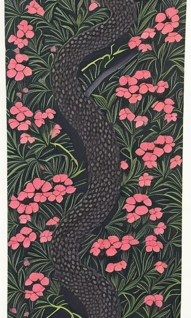 Black Snake and Roses: Intricate Folk Art Ink Drawing