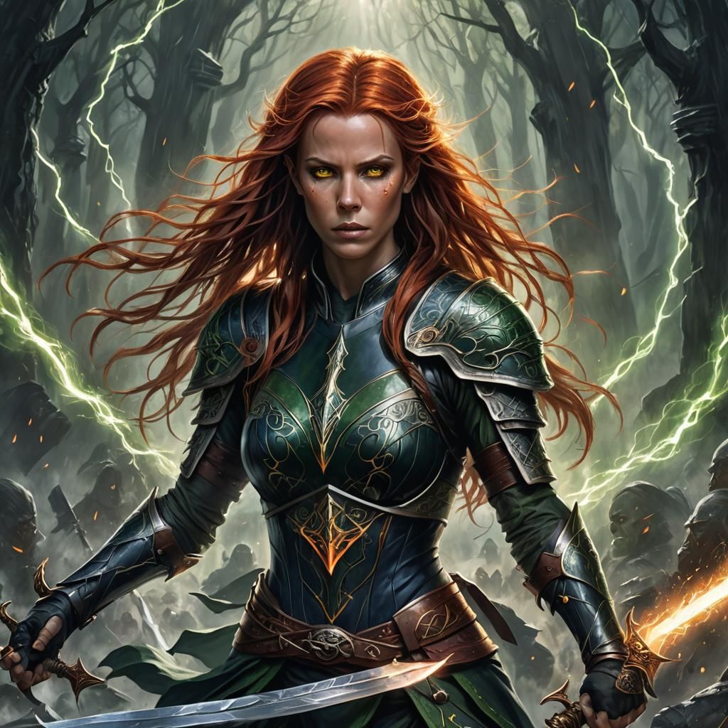 Elf Warrior with Sword in Art Nouveau Style