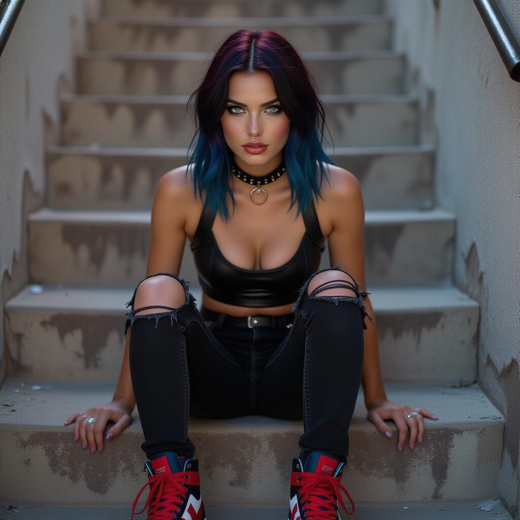 Edgy Woman with Blue Hair in Cinematic Still