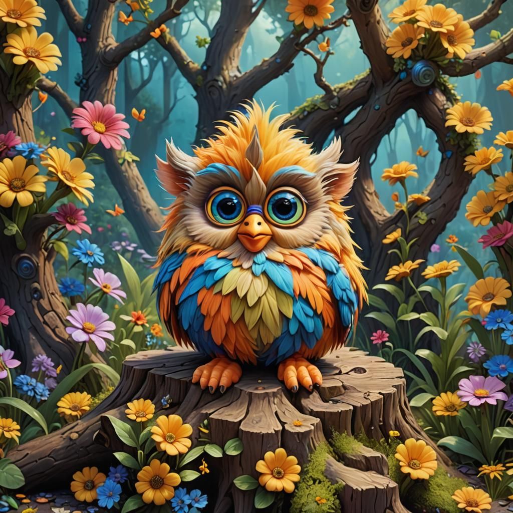 Whimsical Furby Creature on a Stump