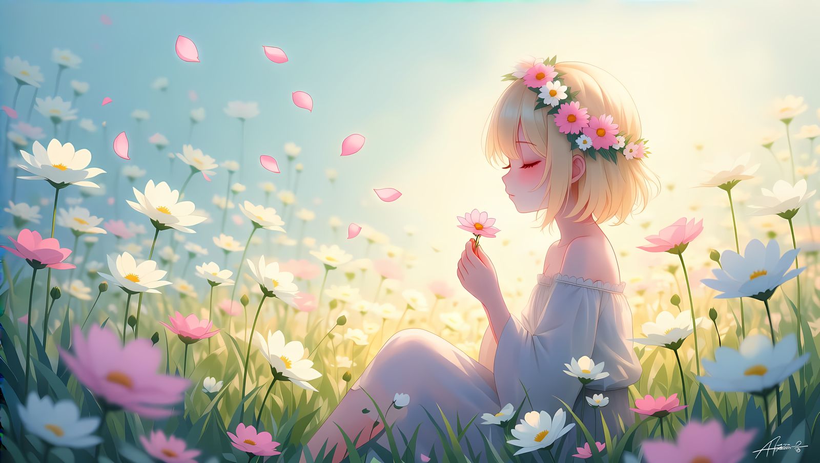 Soft Anime Character Surrounded by Blooming Flowers in a Dre...