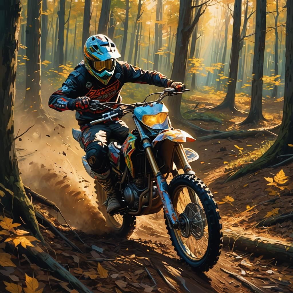 Dirt Bike Ripping Through Woods as Oil Painting