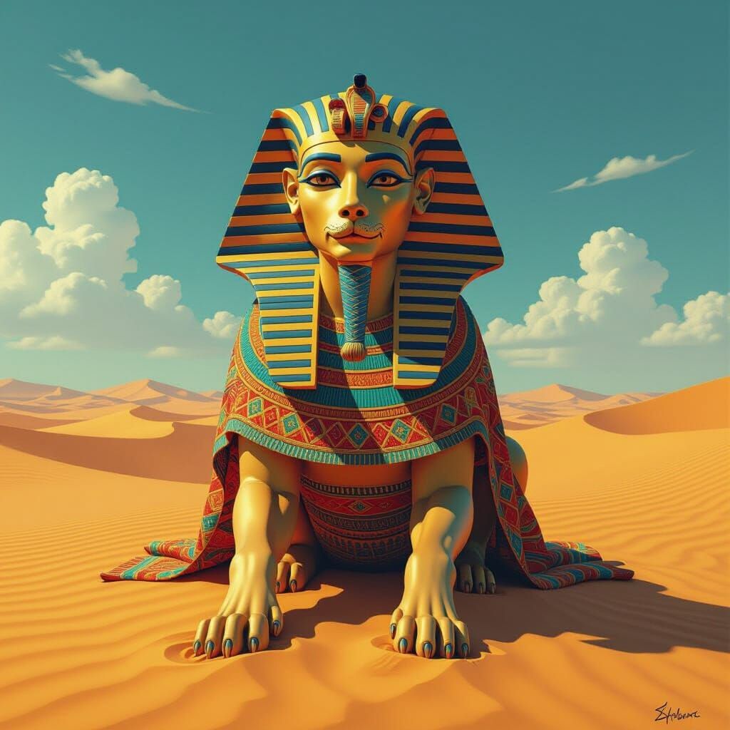 Smiling Sphinx Blocks Path in Surreal Desert Scene