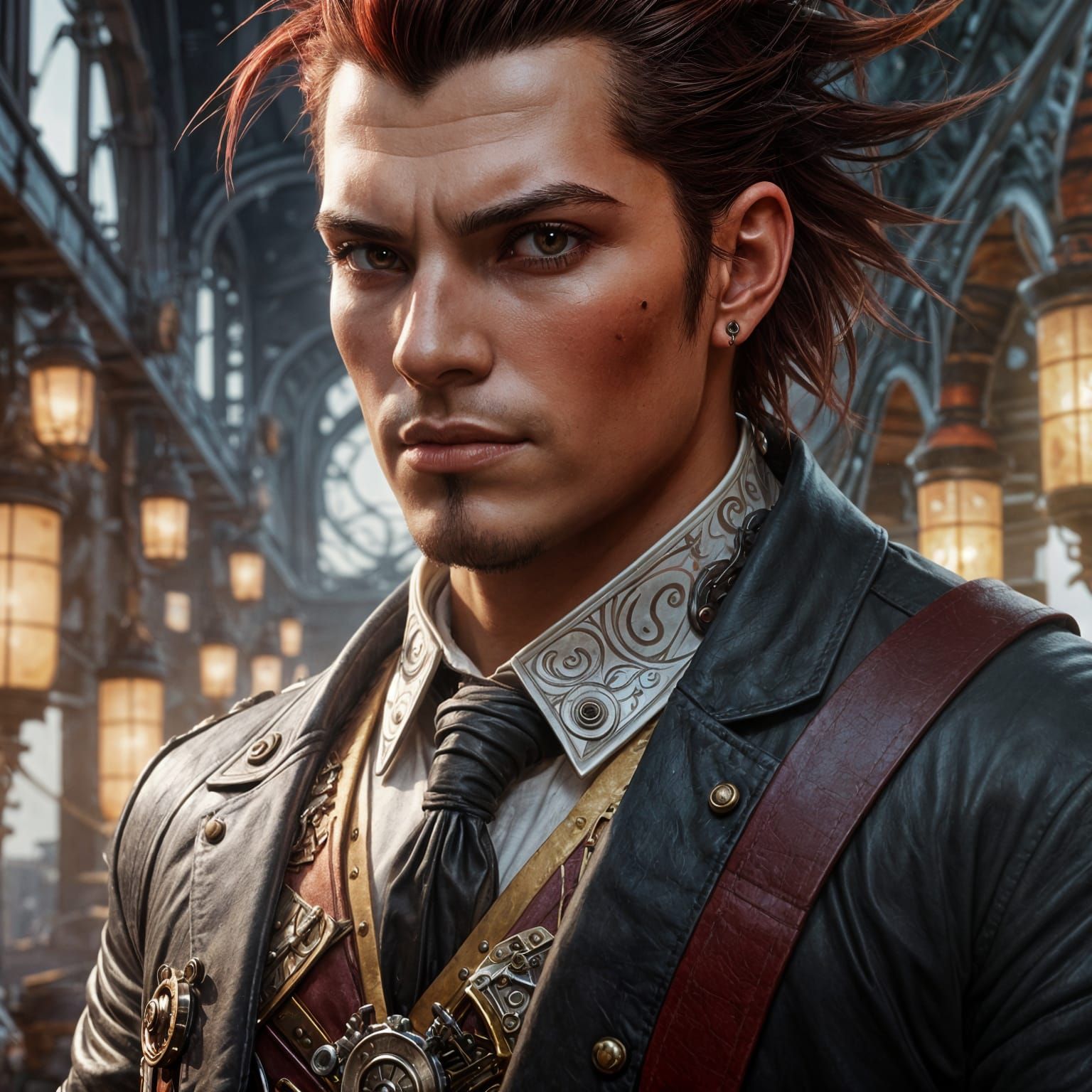 Black Spiked Hair with Shades Dark Red Highlights, Male