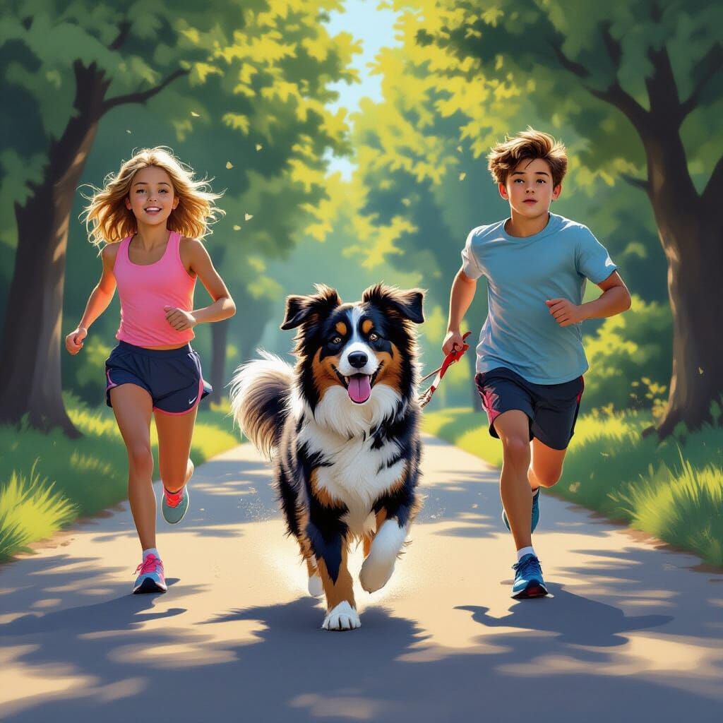 Couple Running With Elegant Dog in Digital Painting Style