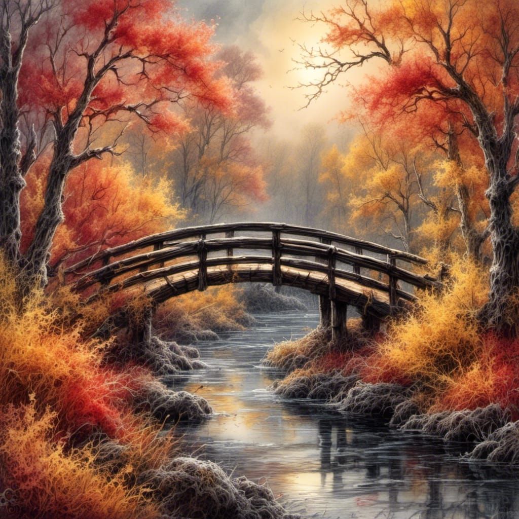 Autumnal Creek Bridge in Watercolor Style
