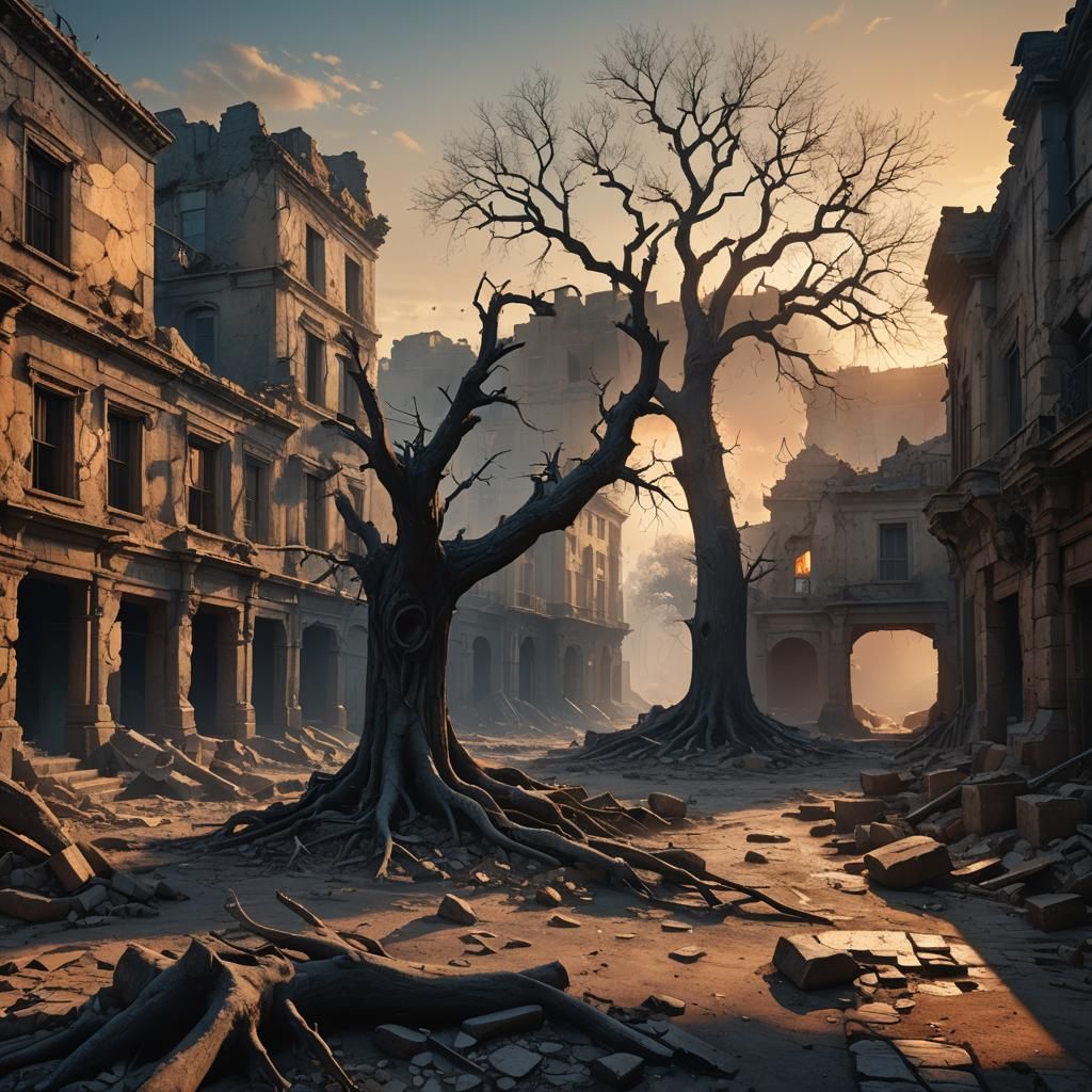 Ruined Cityscape at Dusk: Hyper-Realistic Digital Painting