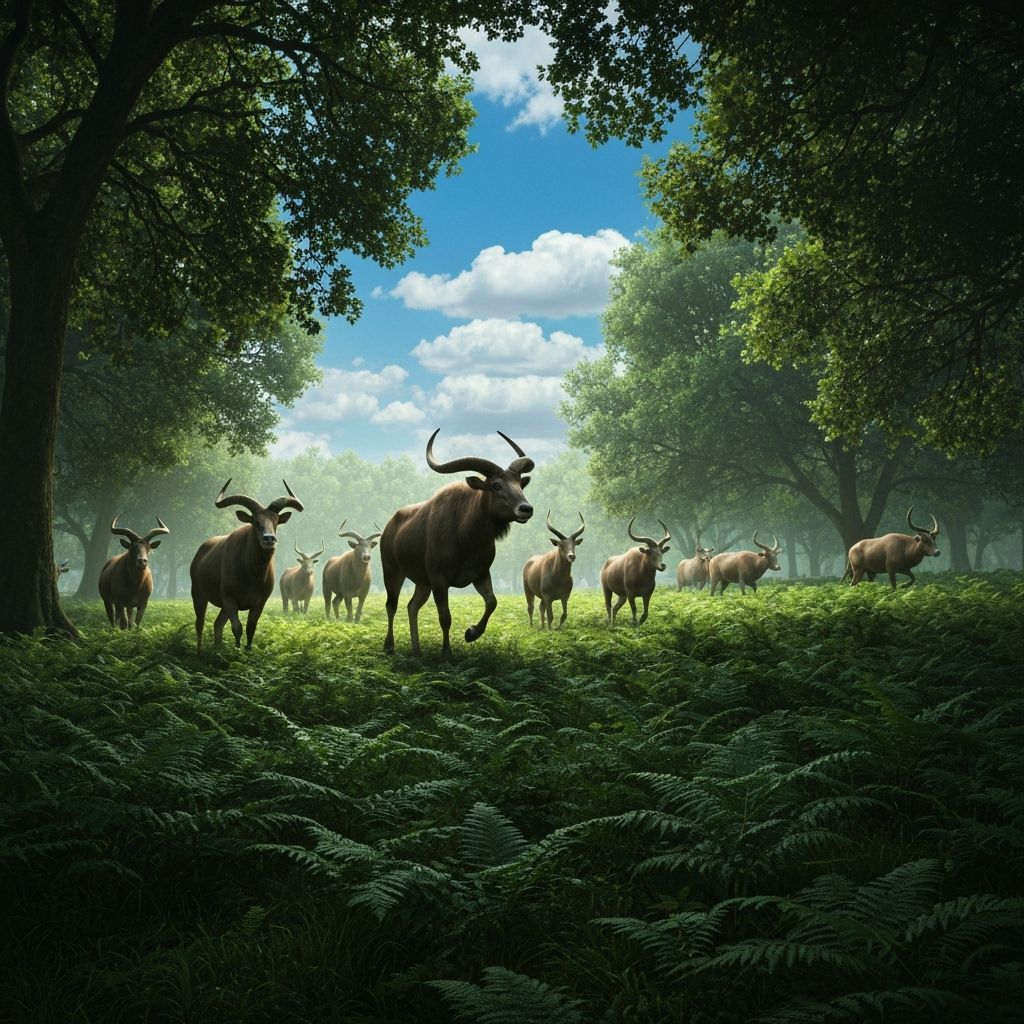 Triceratops Herd Roaming Fern Prairie Under Thunderstorm