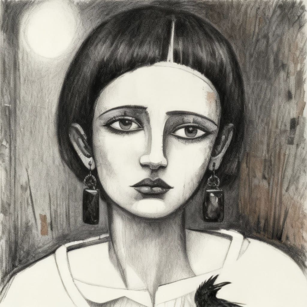 Sad Gothgirl Portrait in High Contrast Impasto Style