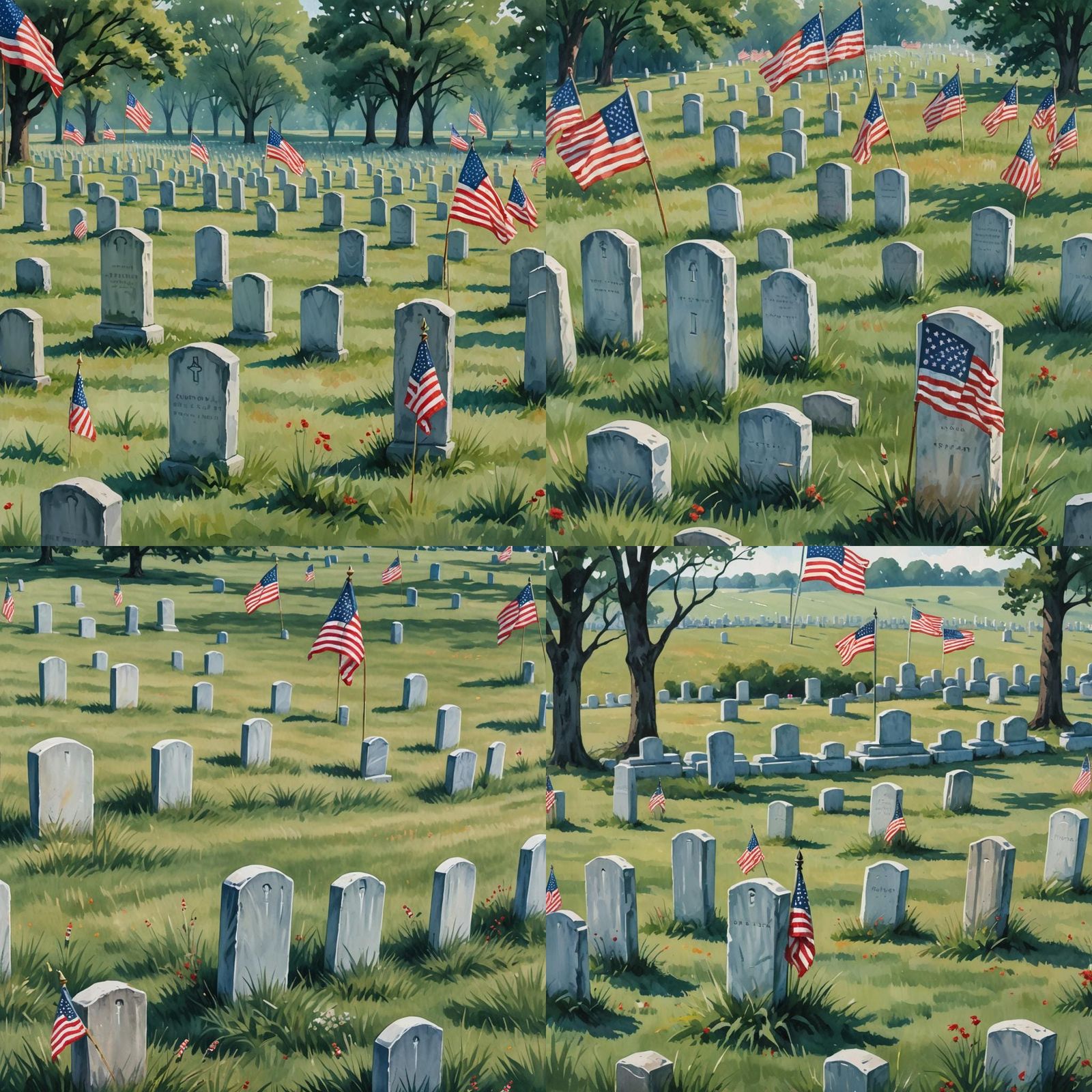 American Cemetery in Impressionist Gouache Style