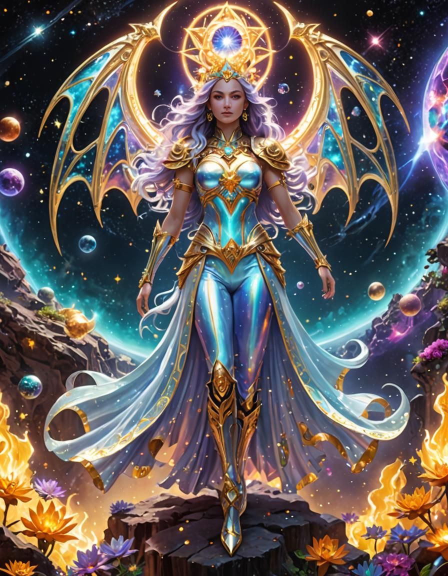 Rainbow Dragon Girl with Metal Skeleton in Manga Style