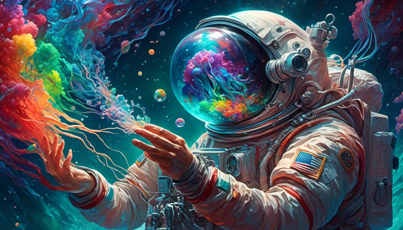 Astronaut with Rainbow Jellyfish in Neon Style