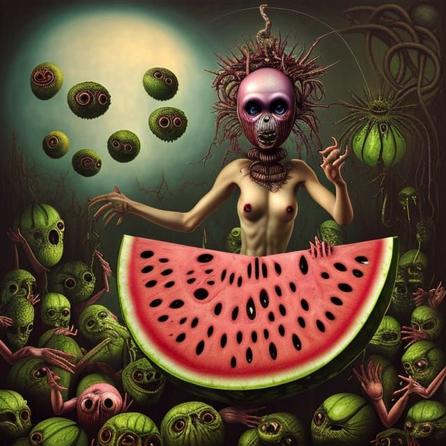 Alien Goddess DJ Watermelon: Gothic Renaissance Digital Art