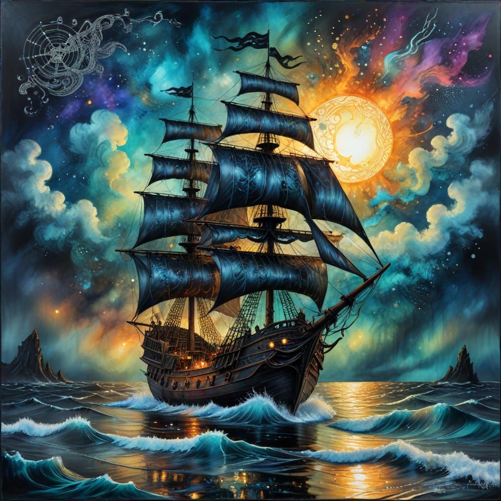 Ethereal Charcoal Pirate Ship on Stormy Sea
