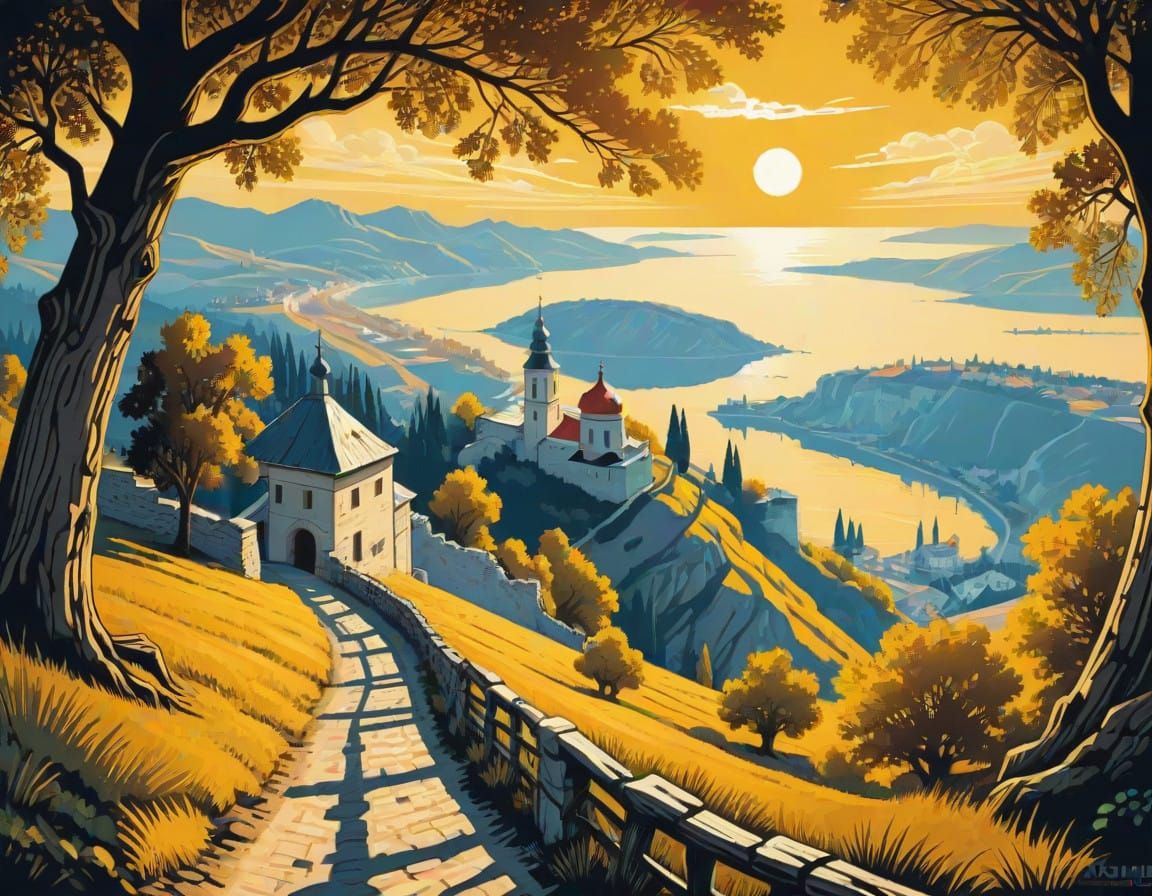 Medieval Crimea Landscape in Woodcut Style