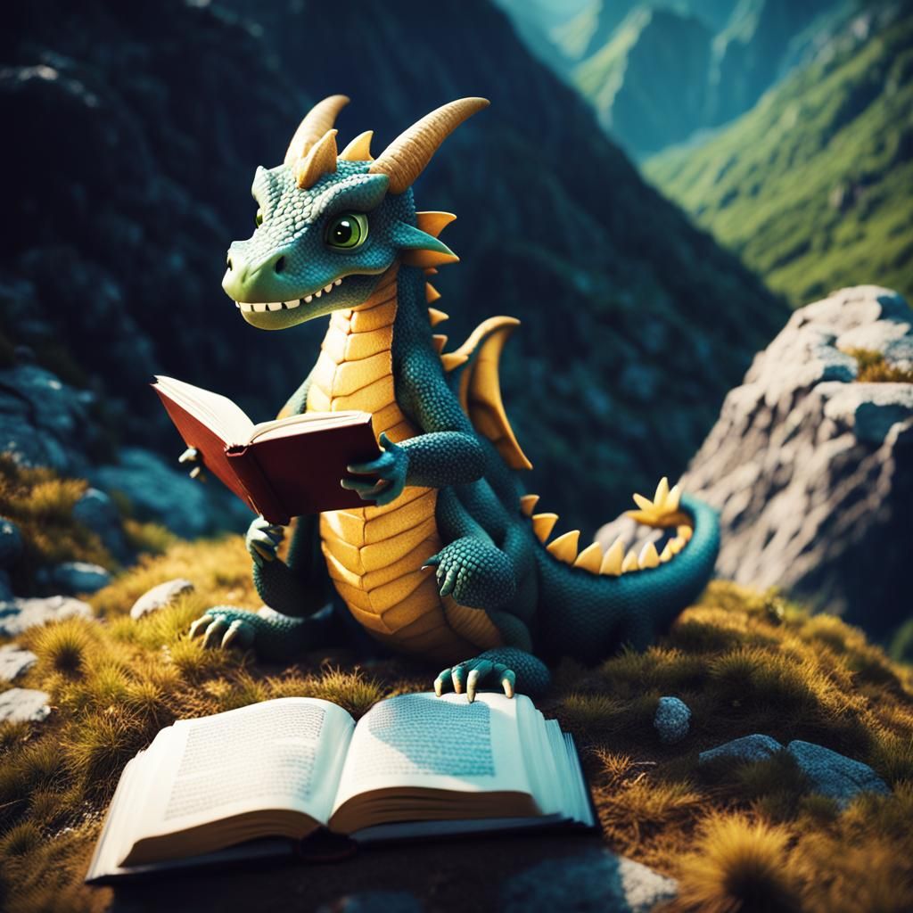 Cute Dragon Eats Book on Mountain: Cinematic Still