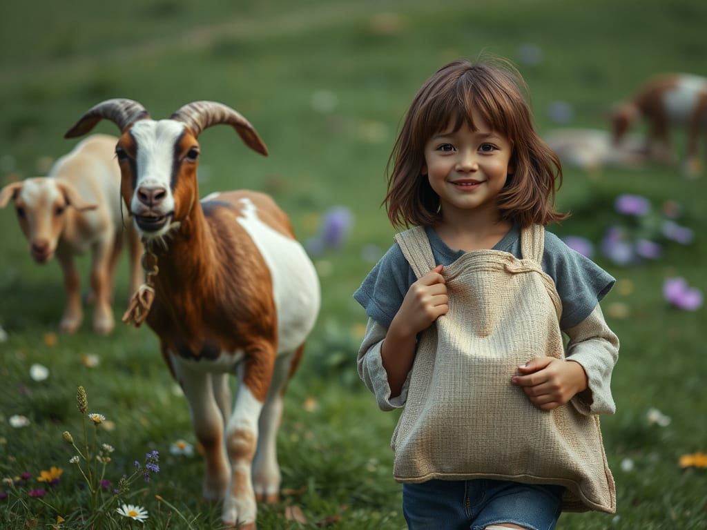 Girl with Goat in Meadow, Detailed Digital Portrait