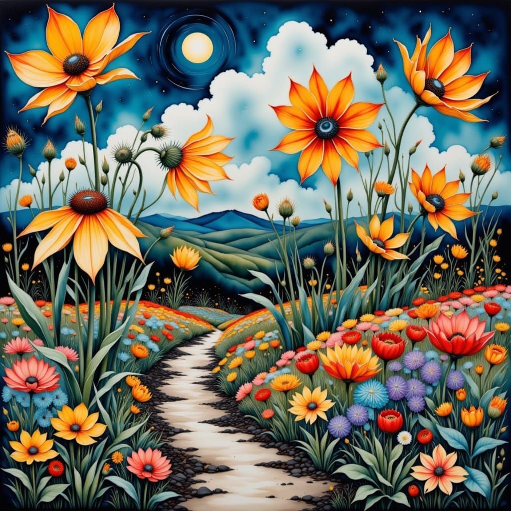 Surreal Watercolor Landscape in Scandi Modern Folk Style