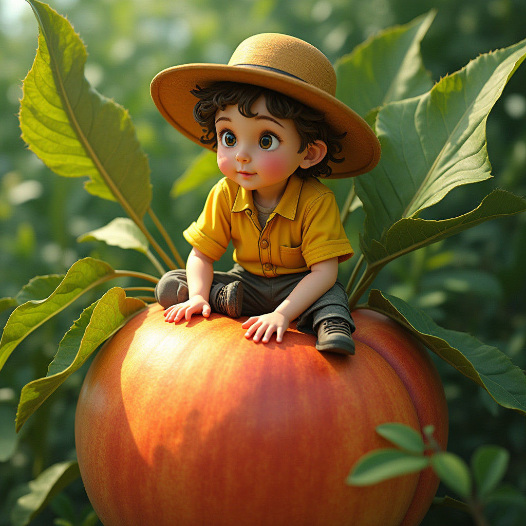 Man on Giant Peach: Hyperrealistic Artgerm-Style Photo