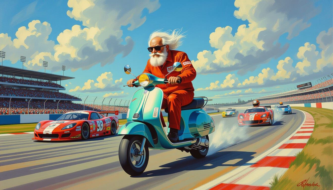 Surreal Grandpa Races NASCAR in Dreamscape Painting